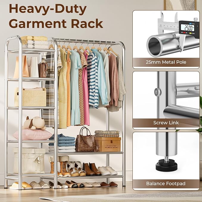 Heavy Duty Clothes Rack with 5 Tiers Shelves, Max Load 670LBS, Portable Freestanding Multi-Functional Metal Clothing Rack with Hanging Rods Organizer System for Bedroom Closet Wardrobe, Chrome