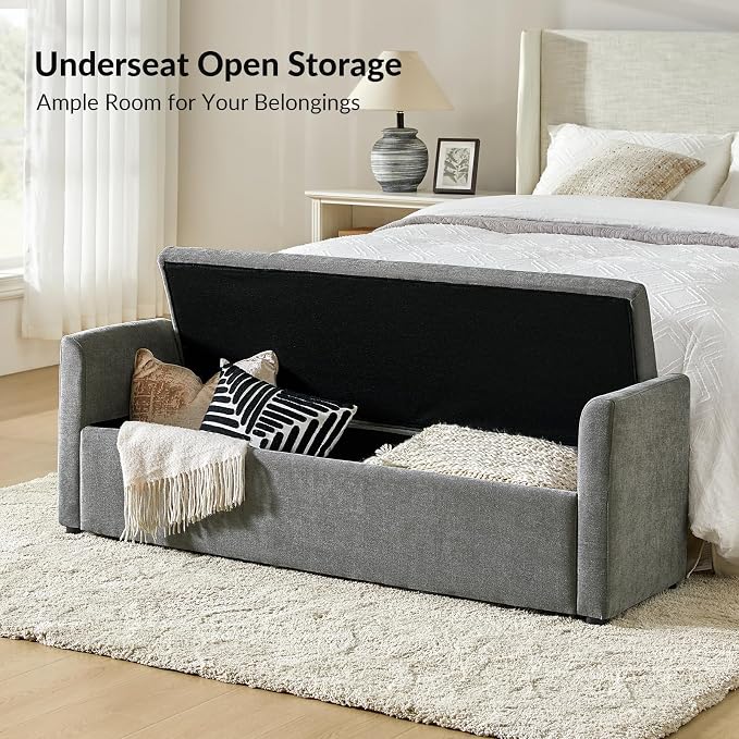 HULALA HOME 59" Storage Bench with 2 Throw Pillows & Armrests, Charcoal | Modern Long Bedroom Bench for End of Bed, Comfy Upholstered Fabric Footstool for Entryway Living Room