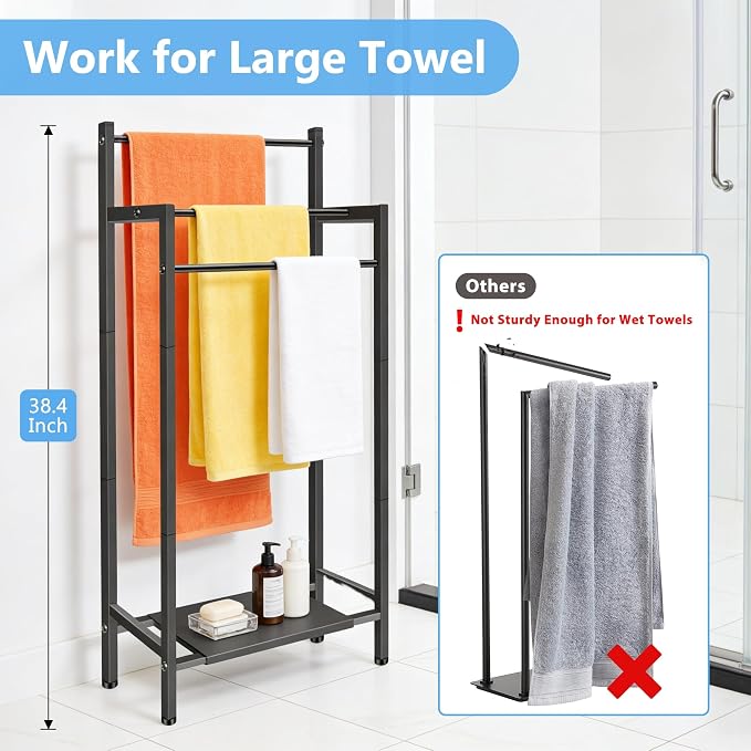 Free Standing Towel Racks for Bathroom, 3 Tier Towel Drying Rack with Movable Storage Shelf, Tall Metal Towel Rack Stand for Outdoor Pool, Black