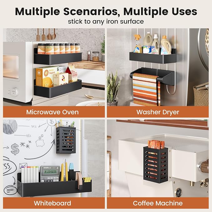Magnetic Spice Rack for Refrigerator,6 Pack Magnetic Shelf,Fridge Magnet Organizer with Paper Towel Holder,Utensils Racks,Hook Rack,Deepened Basket,Fridge Organizers and Storage Black(6 Pack)