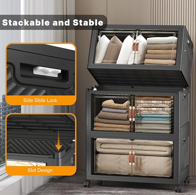 UAMFURI Stackable Storage Bins, 896QT Collapsible Drawers with 2 Lids | Large Capacity, Magnetic Door, Stack Lock, Rolling Wheels, Foldable Design, Organizers and Storage for Bedroom Dorm Garage
