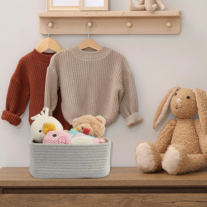 XUANGUO Small Woven Storage Baskets for Shelves, 12" x 8" x 5", Gray | Decorative rope storage bins for closets and toy storage; cute organizer baskets, empty gift baskets and nursery storage.