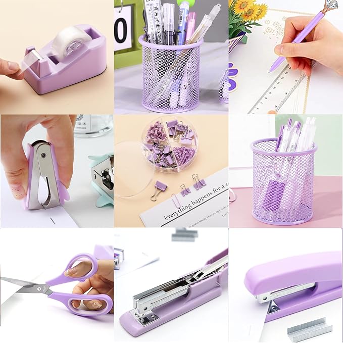Purple Desk Accessories, Purple Office Supplies, Stapler, Staple Remover, Tape Holder, Pen Holder, Ballpoint Pen, Scissor, Binder Clips, Paper Clips and 1000pcs Staples.