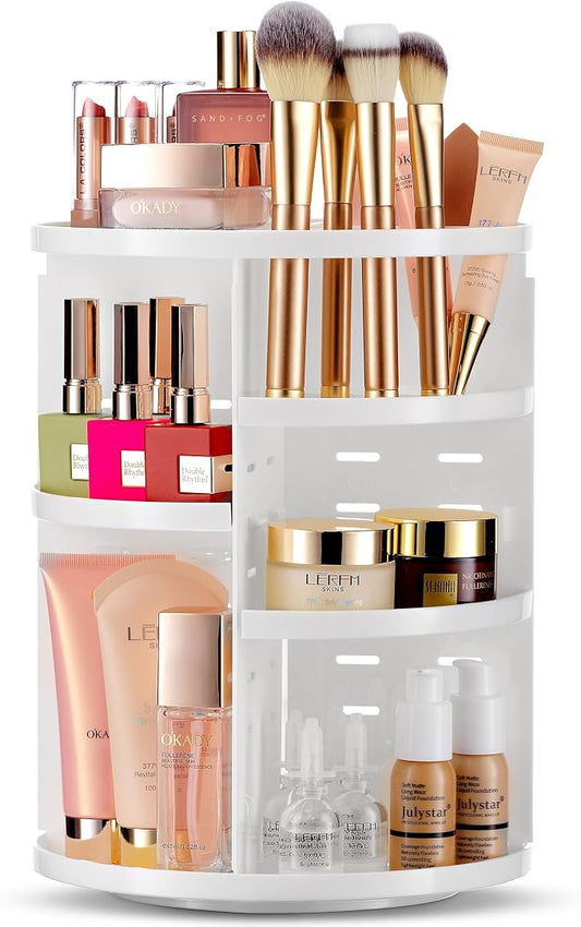 Masirs 360 Rotating Makeup Organizer Countertop, Adjustable Shelf, White | 360-Degree Rotating Makeup Organizer, Adjustable Shelf Height, Cosmetic Perfume Skincare Storage, Vanity Countertop, White