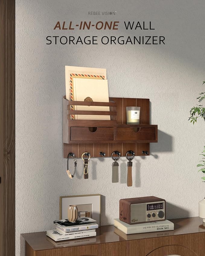 Rebee Vision Key Holder Wall Mount with 2 Drawers for Entryway, Brown | Mail Organizer for Wall, 6 Key Hooks, Mail Sorter, Can Hold Letters, Room Decor Aesthetic, Apartment Essentials, Home Storage