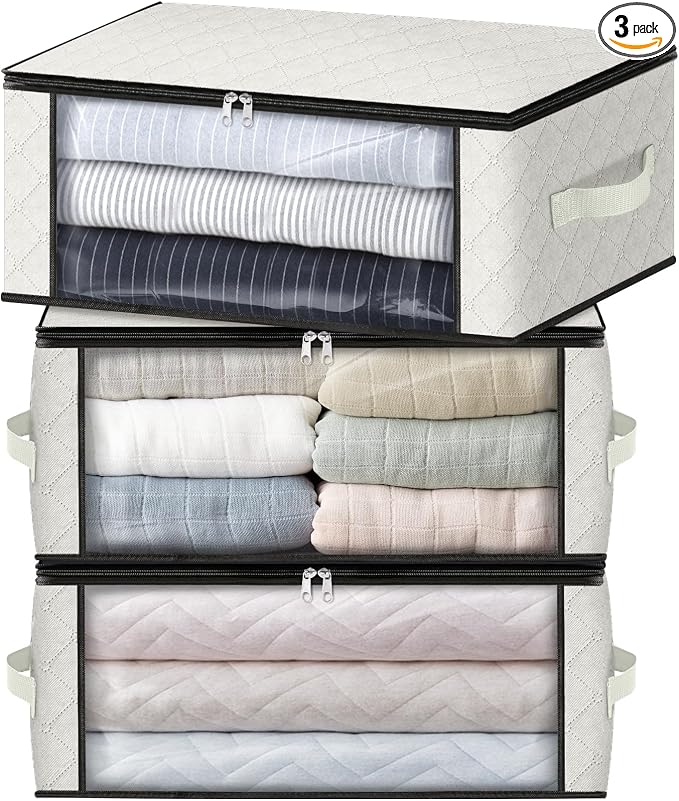 HomeHacks 3-Pack Clothes Organizer Storage Bags, 35L Storage Bins, White | Foldable Storage Box Container with Zippers, Clear Window, Reinforced Handles for Closet, Dorm, Pillows, Bedding, Sweater