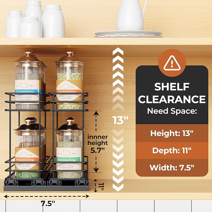 Mystozer Pull Out Spice Rack Organizer for Cabinet, Slide Out Spice Racks, Easy to Install, 7.08" Wx10.43 Dx8.26 H, 2 Drawers 2 Tiers(Black)
