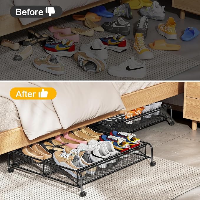 Under Bed Shoe Storage Organizer,1 Pack Shoe Storage with Wheels for Shoe Organizer for Closet Drawer Space Saving for Bedroom