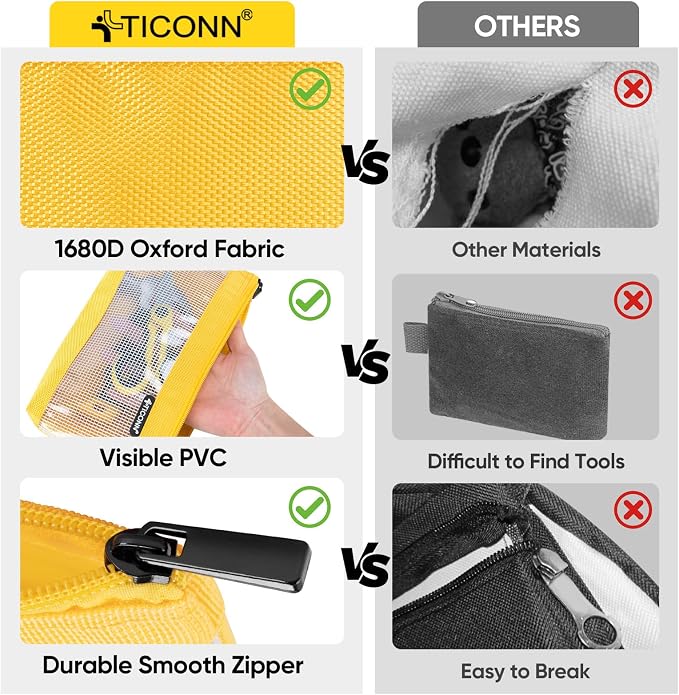 TICONN Tool Pouch, 1680D Oxford Small Tool Bag, Tool Pouches with Zipper, Clear Utility Bag Zipper Pouch for Tool Organizers and Storage (6PK Combo)