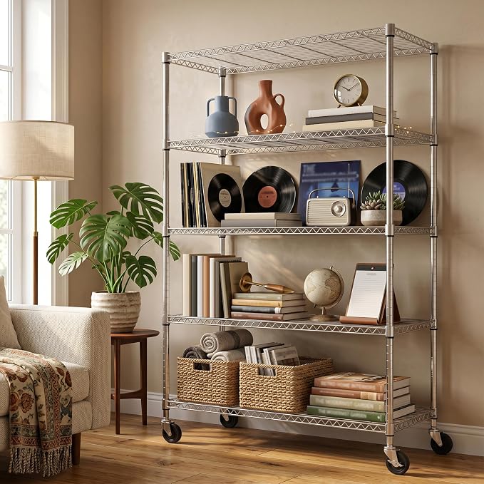 M MZG 5-Shelf Heavy Duty Garage Shelving Wire Adjustable Storage Rack for Kitchen Laundry Bathroom Pantry 1750 lbs Capacity Silver 17.7 x 47.3 x 75.6 Inch