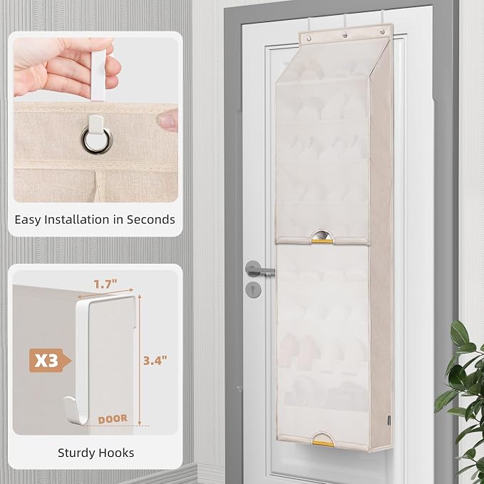 STORAGE MANIAC Over the Door Shoe Organizer with Curtain Dustproof Heavy-Duty Large Deep Pocket Hanging Shoe Organizer for Closet Dorm & Narrow Door Storage Shoe Holder Shoe Rack, 9-Shelf Beige 1 Pack