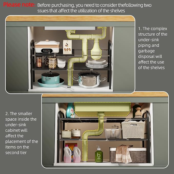 Under Sink Organizers and Storage,Expandable under cabinet organizer Shelf | 2 tier expandable shelf for kitchen and bathroom,shoe rack,8 Removable ABS Panels,Adjustable partition height,20.6-32.2" W