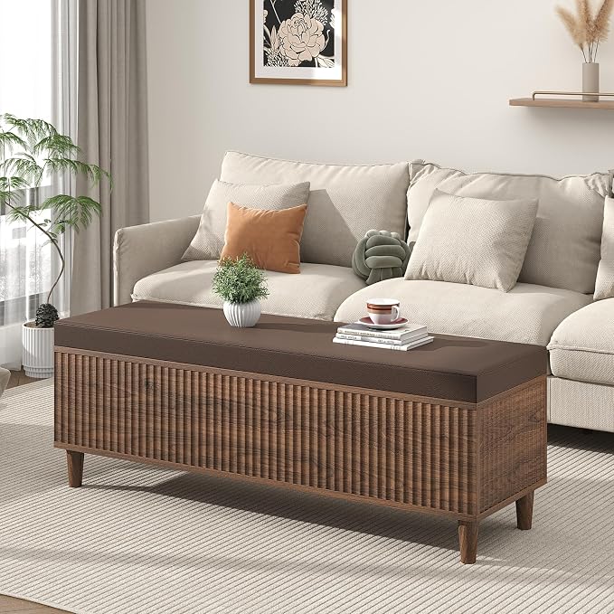 51" Storage Ottoman Bench, Fluted Wooden End of Bed Storage Bench with Leather Upholstererd, Mid-Century Modern Entryway Bench with Lift Top for Bedroom, Living Room, Entryway