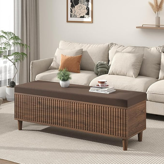 51" Storage Ottoman Bench, Fluted Wooden End of Bed Storage Bench with Leather Upholstererd, Mid-Century Modern Entryway Bench with Lift Top for Bedroom, Living Room, Entryway