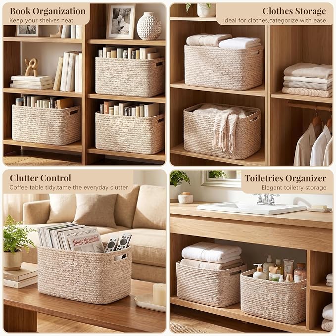 OIASKET 4Packs Natural Cotton Rope Storage Baskets for Organizing Toys, Clothes, Towels & Books, Soft Versatile Organizers for Shelves, Home Decorative Bins, 13''Lx9''Wx7.8''H, Brown