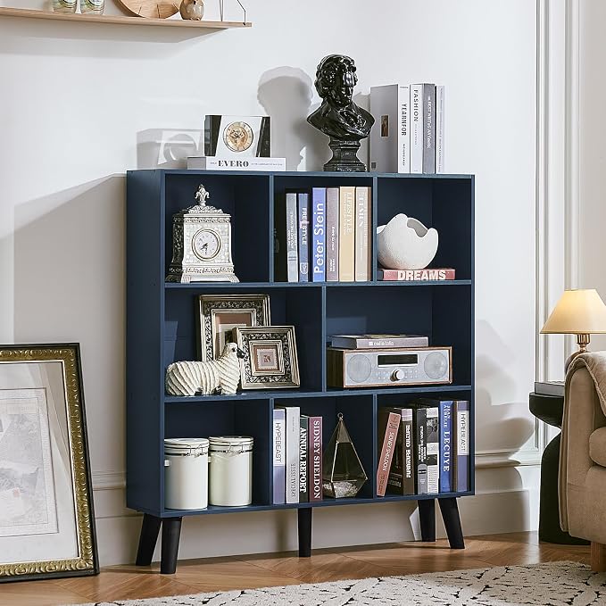 LEYAOYAO 8 Cube Bookshelf,Mid-Century Modern Book Shelf with Legs,Dark Blue | 3 Tier Bookcase, Rustic Wood Bookshelves Freestanding Large Storage Organizer, Open Shelves for Bedroom, Living Room, Office