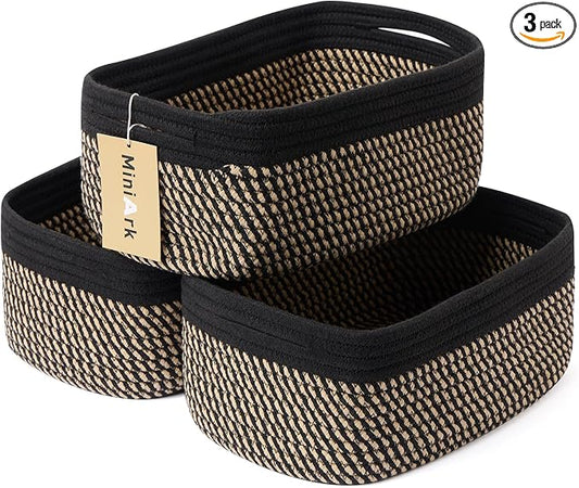 MiniArk Small Storage Baskets for Organizing | Closet Organizer Bins | Shelf Toy Basket | Woven Rope Baskets | Cube Decorative Box | Shallow Basket | 13x8.5x5.1” | 3 Packs Black Brown