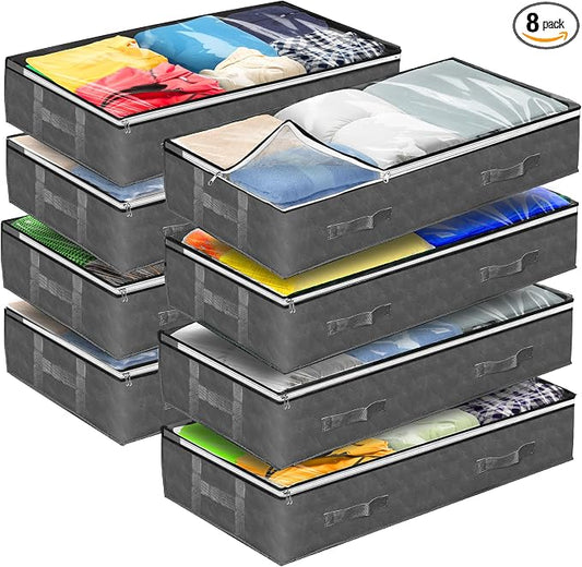 Reli. 90L Under Bed Storage with Clear Window, 8 Pack | Closet Storage Bins | Large underbed storage bags with clear window, gray, dual zippers, 90L, 39x20x7, flat storage bins with lids, handles