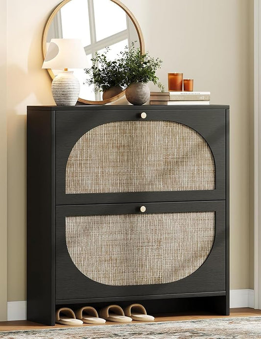 Nicetree Shoe Organizer for Entryway, Slim Shoe Rack with 2 Flip Drawers, Modern Boho Rattan Shoe Cabinet Storage for Entryway, Narrow Shoe Cabinet with Adjustable Shelves for Small Spaces, Black