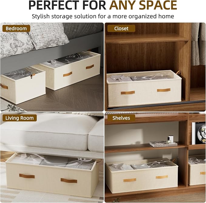 10inch 3 Pack Under Bed Storage Containers, 10 Inch Tall Underbed Clothes Storage Organizer Bin with Clear Window，Foldable Box Basket for Clothes, Closet, Bed Sheets and Blankets Beige