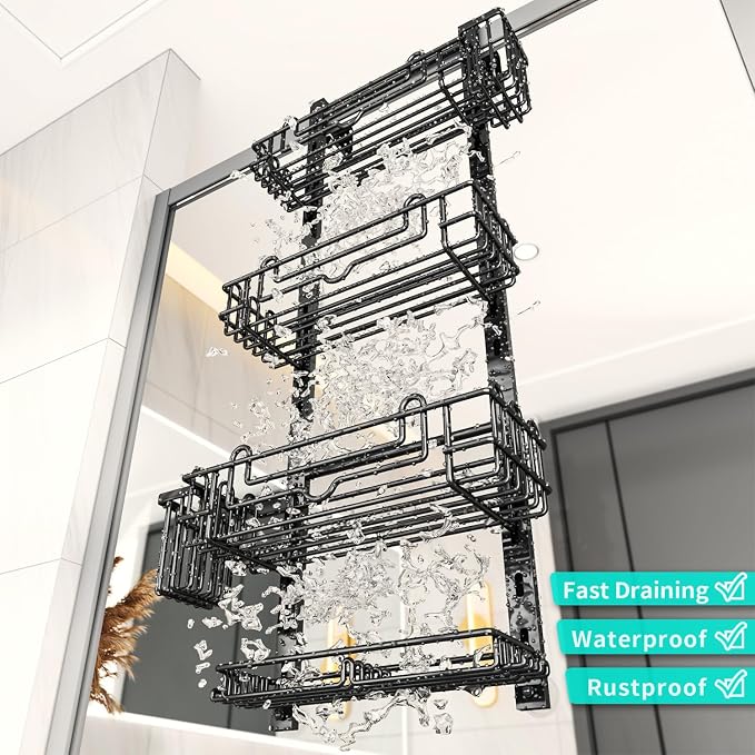 HapiRm Over the Door Shower Caddy - 4-Tier Hanging Shower Organizer with 22 Hooks and 2 Toothbrush Holders, No Drilling Adjustable Hanging Shelves for Bathroom - Black
