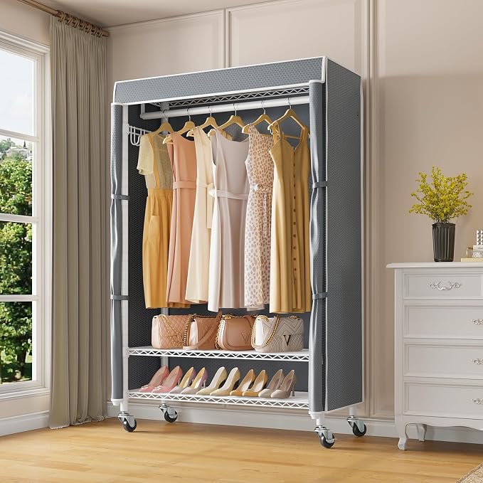 VIPEK R3C Covered Clothing Rack for Hanging Clothes Rolling Closet | Lockable Wheels, Adjustable Wire Shelving Heavy Duty, Metal Side Hooks, Polyester Cover, 374lbs Space-Saving for Home
