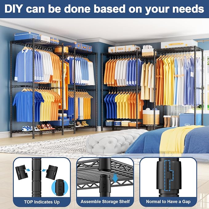 E12 Pro Clothes Rack，Heavy Duty Freestanding Garment Rack with Shelves，Metal Clothing Closet Storage System for Hanging Clothes，71" W x 16" D x 76.5" H, Hold 960 lbs，Black