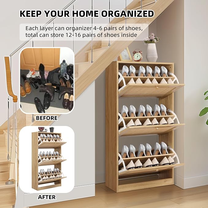 Finnhomy 3 Tier Shoe Cabinet with Natural Rattan Flip Drawers for Entryway, Free Standing Slim Shoe Storage Organizer with Large Top Board, Shoe Cabinet with Adjustable Width Drawers, Natural