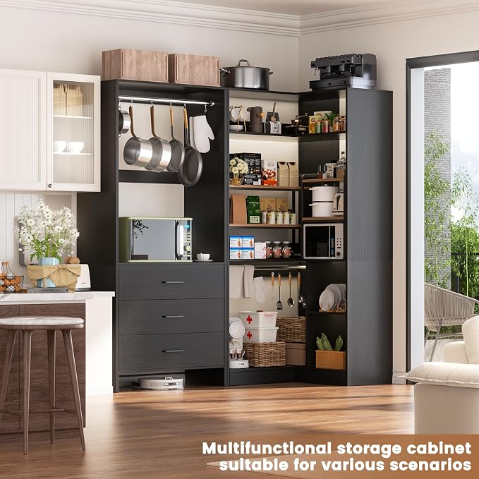 Aheaplus Closet System with 3 Drawers, 2 Hanging Rods & Corner Tower, Corner Closet System with Hanging, L-Shaped Walk-In Wardrobe Organizer, 1300+ lbs Capacity, Set of 2, Black