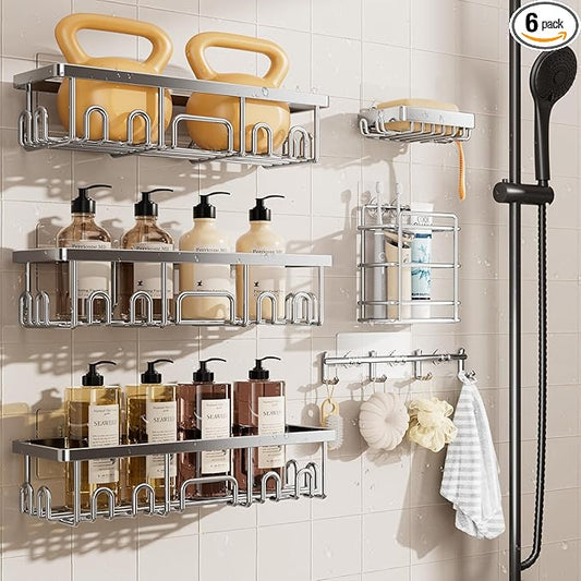 Veken Shower Caddy 6-Pack, Advanced Rustproof Design, No Drilling Adhesive Shelves, Rack with Soap Holder, Large Capacity Bathroom Organizers and Storage, Wall-Mounted Kitchen & Home Decor, Silver