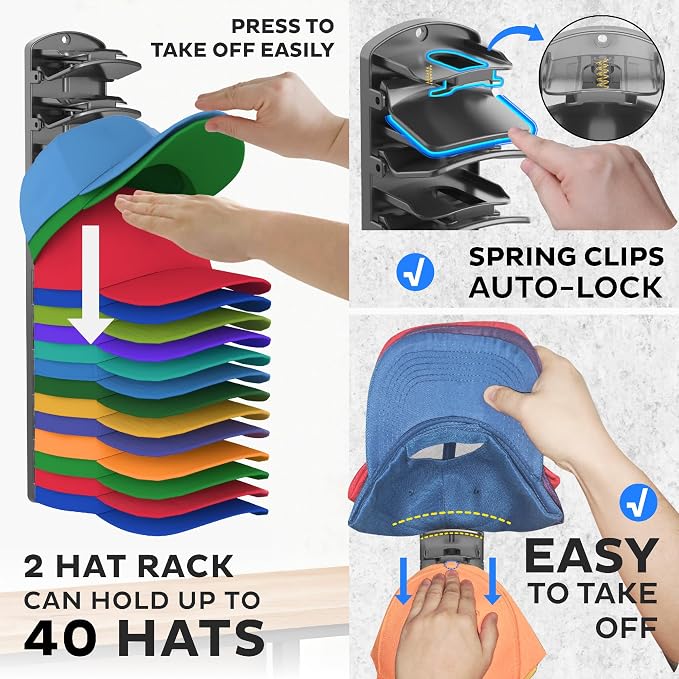 Double Capacity Hat Organizer for Baseball Caps 2 Packs - 40 Cap Storage with Spring Clips, Wall Mount Closet & Door Hat Rack Holder Hanging(Strong Adhesive & Screws) Matte Black
