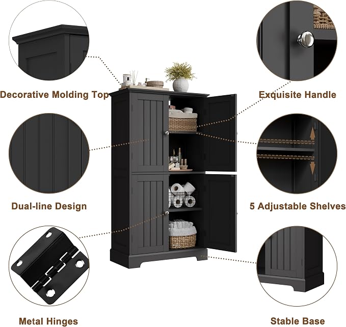 ChooChoo Bathroom Floor Cabinet with Adjustable Shelves | Bathroom Storage Cabinet, 4 Doors, Freestanding Cupboard for Living Room, Kitchen Pantry, Black
