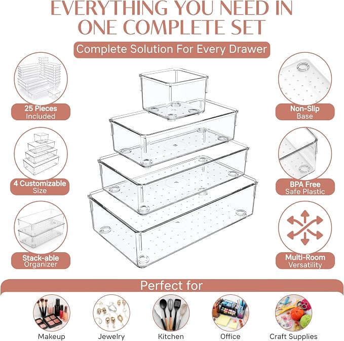 Zanora 25 PCS Clear Plastic Drawer Organizer Set, Drawer Dividers Organizers with 4 Sizes Storage Trays, Bathroom Drawer Organizers Makeup, Vanity Drawer Organizer, Desk & Kitchen Storage Bins