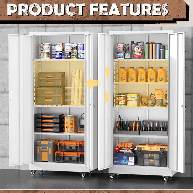 INTERGREAT Metal Garage Storage Cabinet with Wheels, Rolling Storage Cabinet with Locking Doors and 4 Adjustable Shelves,- 73" Steel Tool Cabinet for Home Office,Garage,Warehouse，White