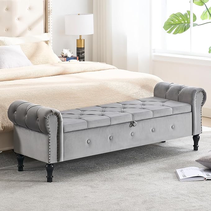 Storage Bench 67" Velvet End of Bed Benches Light Grey | King Size Storage Bench for Bedroom with Rolled Arms Tufted Ottoman Benches Upholstered Bench for Living Room Entryway