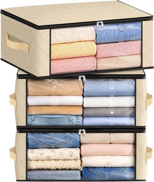 Fab totes 35L Closet Organizers and Storage, Foldable Under Bed Storage Containers, Storage bags for Organizing Bedroom, Closet, Clothing,Organization with Handle (3 Pack,Beige)