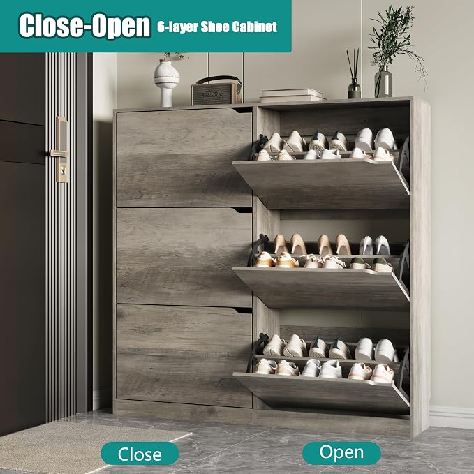Xixini Shoe Storage Cabinet for Entryway with 6 Flip Drawers, Sturdy Wood Hidden Shoe Storage, Freestanding Narrow Slim Shoe Organizer for Front Door Entrance, Living Room, Hallway, Bedroom, Grey