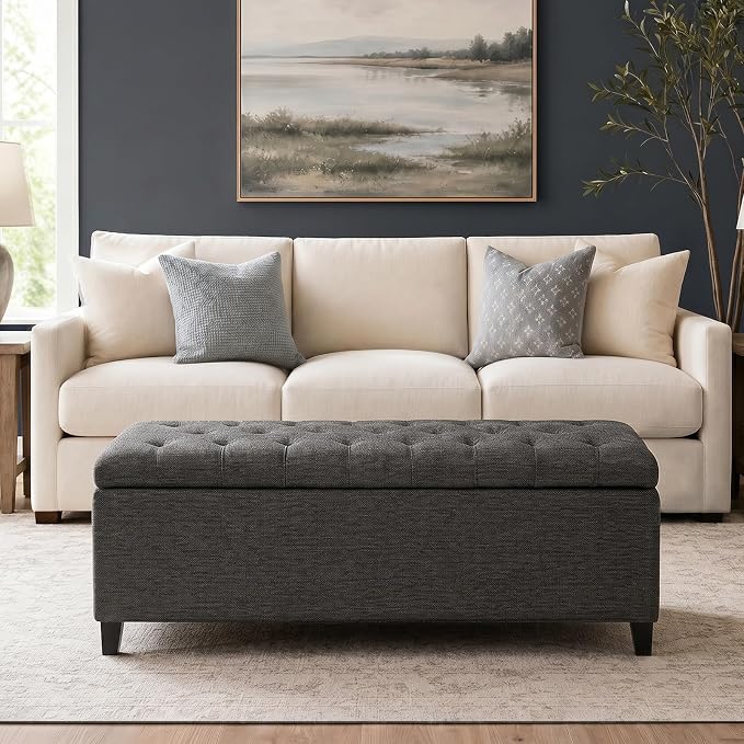 Madison Park 49" Upholstered Storage Bench, Button Tufted End of Bed Bench with Storage, Dual Spring Soft-Close Lid, Bedroom Bench for Queen King Bed, Entryway Living Room, Charcoal