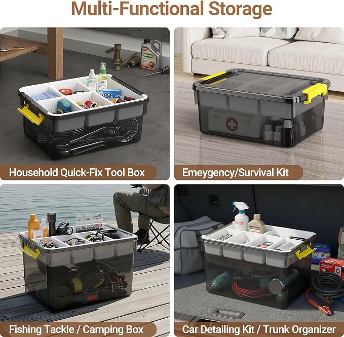 80Qt Stackable Storage Bins with Lids Trays Craft Box Organizers, 4Pack,GY | Clear Plastic Latching Boxes Organizers with Dividers Portable Containers for Arts & Crafts, Home Office Classroom Car Trunk
