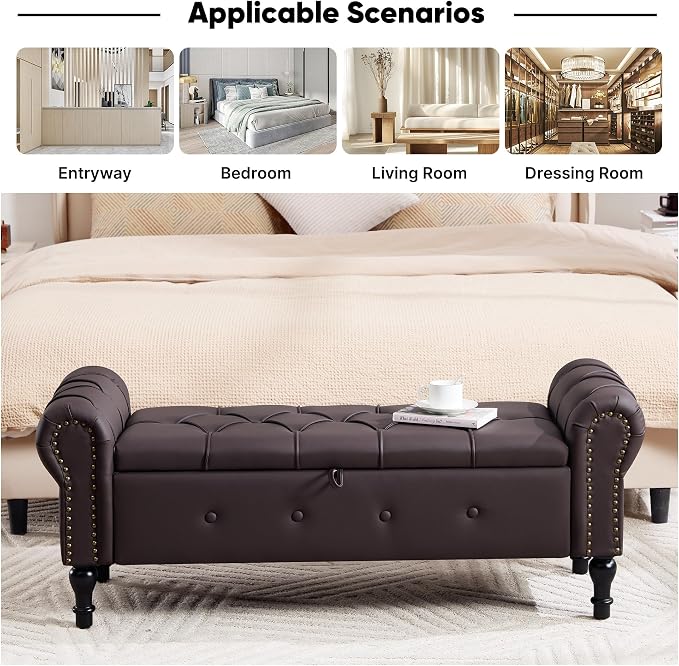 Storage Bench 51" Faux Leather End of Bed Benches Dark Brown | Queen Size Storage Bench for Bedroom with Rolled Arms Tufted Ottoman Benches Upholstered Bench for Living Room Entryway