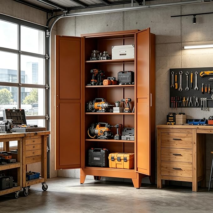 Bevivog Tall Rust Brown Storage Cabinet, 71" Metal Pantry Cabinet with 2 Doors and 4 Adjustable Shelves, Industrial Farmhouse Metal Pantry Cabinet for Kitchen Garage