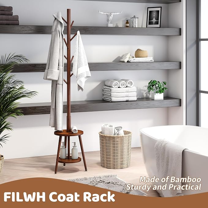 Freestanding Coat Rack with Umbrella Organizer Tray Bamboo Coat Tree Rack with 8 Hook Stand for Clothes Bag Hats Entryway Hanger Stand(Brown)