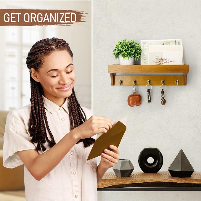 Rebee Vision Key Holder Wall Mount with Shelf for Room Decor, Yellow | 5 Key Hooks, Key Holder for Wall, Mail Rack, Apartment Storage, Plant Display, Hallway Decor, Decorative Home Organization