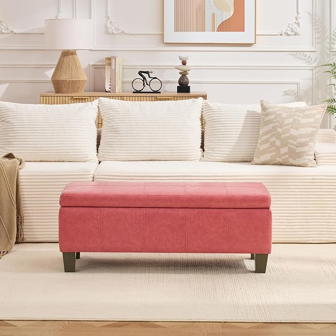 41" Storage Ottoman, Storage Bench with Safety Hinge, Upholstered Synthetic Leather Ottoman Bench for Bedroom, Living Room, Entryway, Hallway, Foot Rest, Support 500lbs