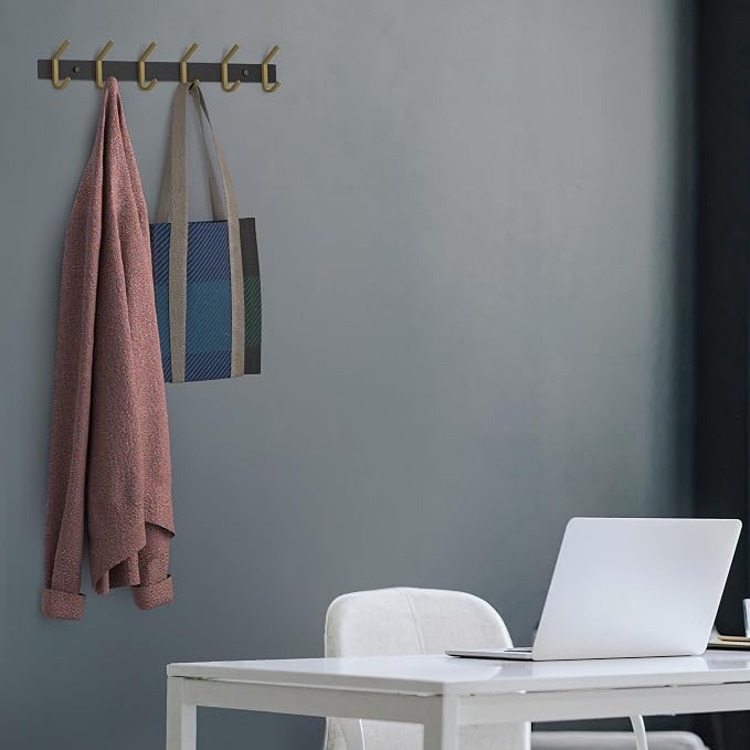 Coat Rack Wall Mount – Black and Gold Hook Rail with 6 Double Coat Hooks, 17 Inch Stainless Steel Wall Hooks for Entryway, Bathroom, Bedroom, Closet, Towel, Hat, Bag, Heavy Duty Organizer - 2 Pack