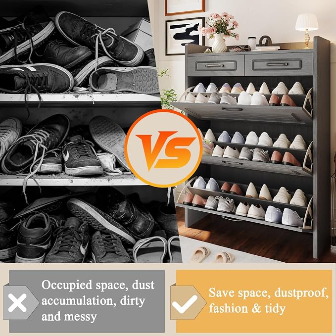 ODUWA Shoe Cabinet with 3 Flip Drawers and 2 Storage Drawers, Shoes Organizer Cabinets with Adjustable Divider, Hidden Shoe Storage Cabinet for Entryway, Hallway, Living Room, Dark Grey