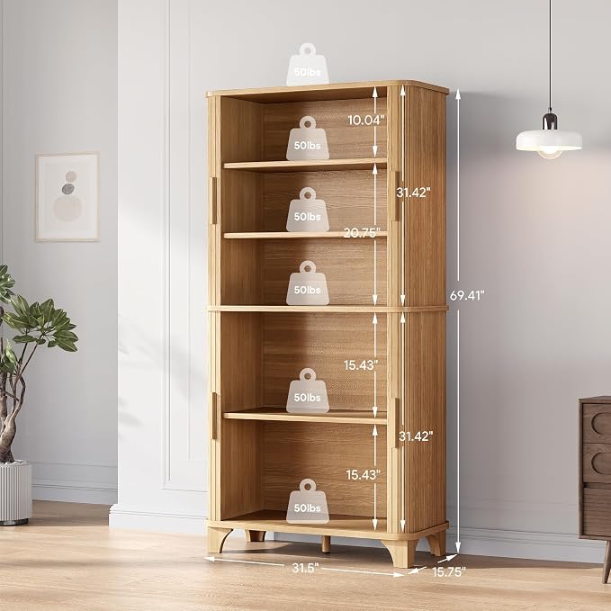 Decofy 69" Tall Kitchen Pantry Storage Cabinet with Sliding Door, Modern Curved Edge Pantry Storage Cabinet with 5 Shelves, Cupboard for the Kitchen, Dining Room, Bedroom, Living Room, Office (Oak)