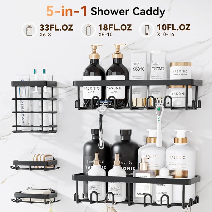 YASONIC Shower Caddy Adhesive, 100% Rustproof Shower Organizer with Soap and Toothbrush Holder, Large Capacity Shower Shelves for Inside Shower, No Drill Shower Storage for Home (5 Pack Black)