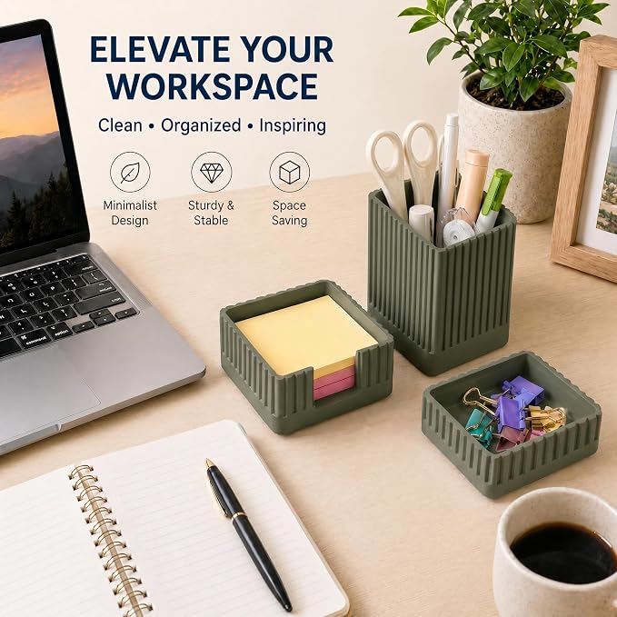 Desk Organizer Set of 3 for Office Accessories - Includes Pen Holder, Paperclip Storage, and Sticky Note Holder - Aesthetic Concrete Desktop Accessories for Women or Men, Office Decor (Green)