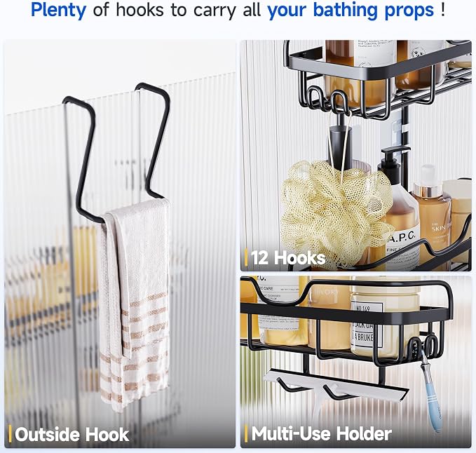 Skyapex Shower Caddy Over the Door Organizer: Bath Rack Hanging Over Glass with Hooks - Storage Shelf Inside Bathroom for Shampoo - Matte Black